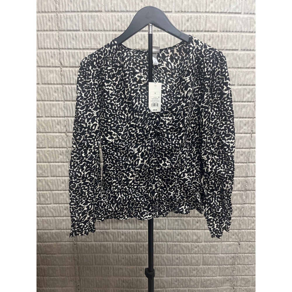 A New Day Womens Black Cream Animal Print Ruched Front V-Neck Blouse Small NWT